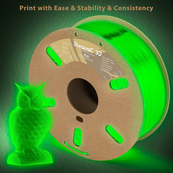 DURAMIC 3D PLA Filament 1.75mm Glow in The Dark Green 1kg, 3D Printing Filament No-Tangling No-Clogging Dimensional Accuracy +/- 0.05 mm, Consistent Performance for 3D Printer