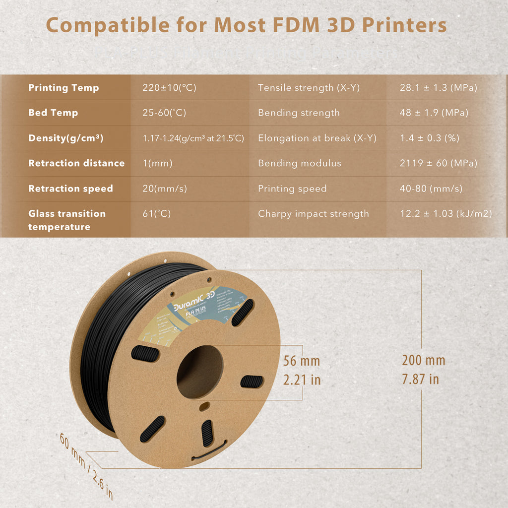 DURAMIC 3D Matte PLA Filament 1.75mm Black, 1kg Cardboard Spool Matte  Finish 3D Printer Filament PLA 1.75mm Dimensional Accuracy 99% +/- 0.03 mm