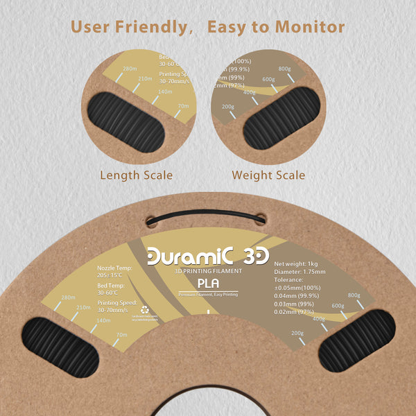 DURAMIC 3D PLA Filament 1.75mm 2 Pack, 3D Printing Filament 1kg Spool(2.2lbs), No-Tangling No-Clogging Dimensional Accuracy +/- 0.05 mm, Consistent Performance for 3D Printer